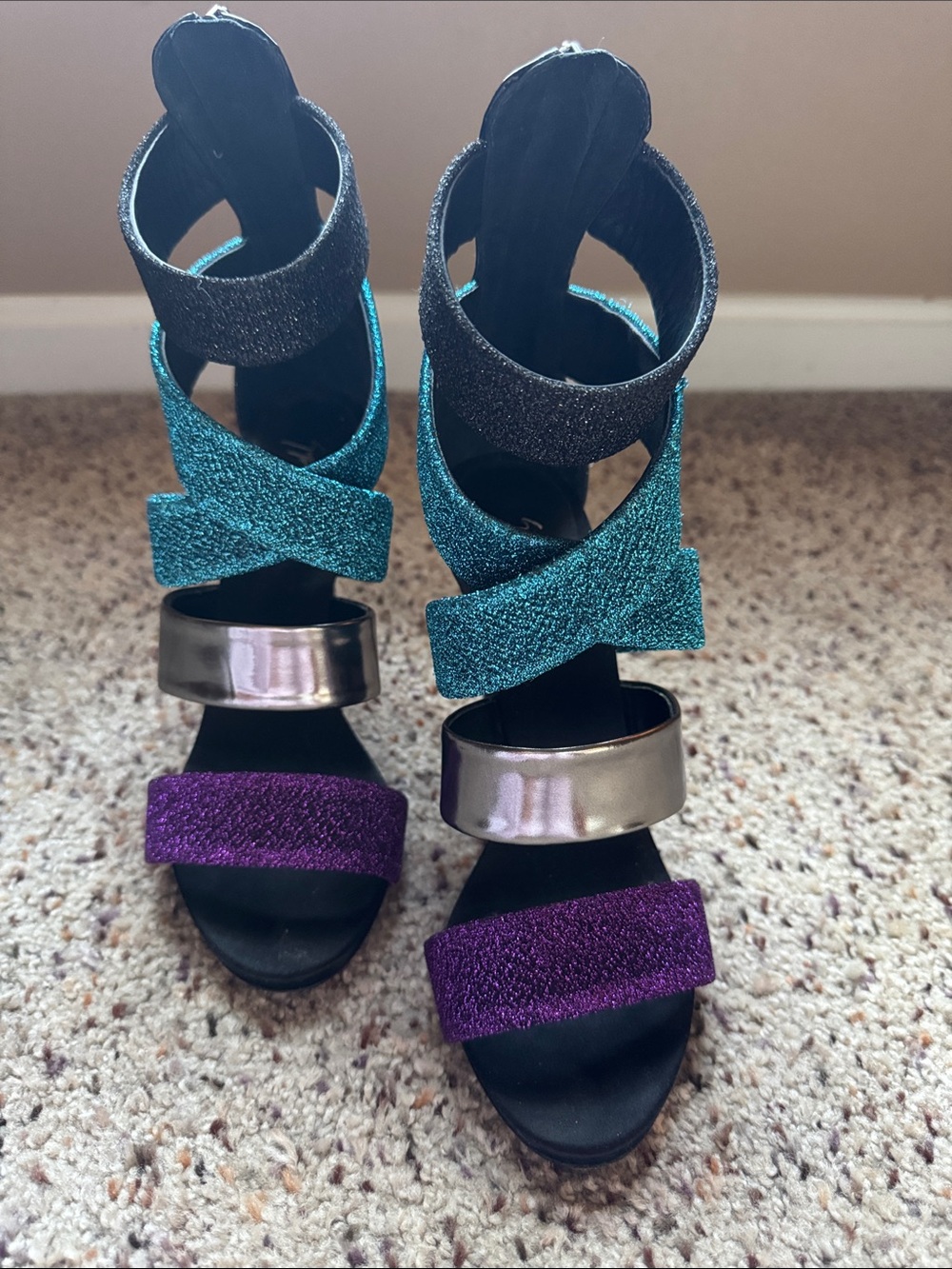 Giuseppe Zanotti Teal, Purple & Black Glitter Strap Heeled Sandals